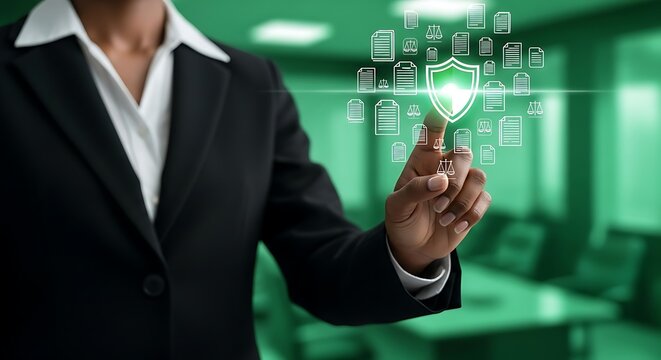 Person in black suit touching digital shield with legal documents and scales business justice - Powered by Adobe