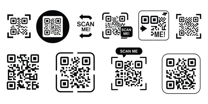 QR Code Frame Set With Scan Me Text, Clean Vector Illustration Featuring Multiple Layouts For Scan Icons, Digital Navigation Markers, Printable Label Templates, And Modern Black And White Interface