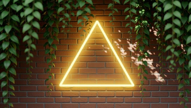 Neon triangle on brick wall with green foliage - Powered by Adobe