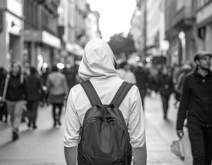 Monochrome shot of person with backpack walking through bustling street