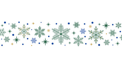 Christmas winter snowflakes vector background banner; Blue gold green line art elements seamless pattern; Holiday header illustration