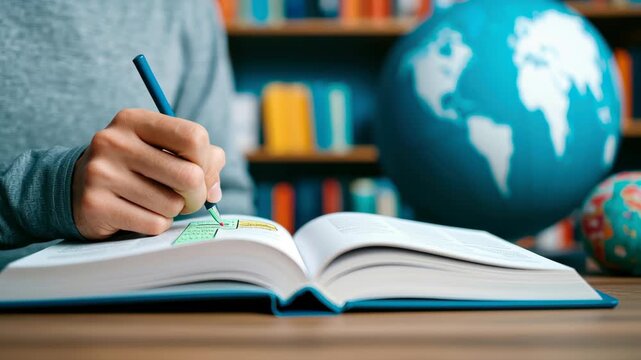 Studious hand with open textbook and pen highlighting study desk library with globe education learning research reading focus note student school