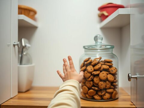 A small hand reaches into a cookie jar in a pantry, a sweet or naughty moment for a young one,  temptation,  young person