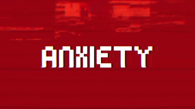 pixel text ANXIETY with a vintage glitch effect on a red background. Ideal for projects exploring mental health, stress, fear, digital errors, or retro tech aesthetics.