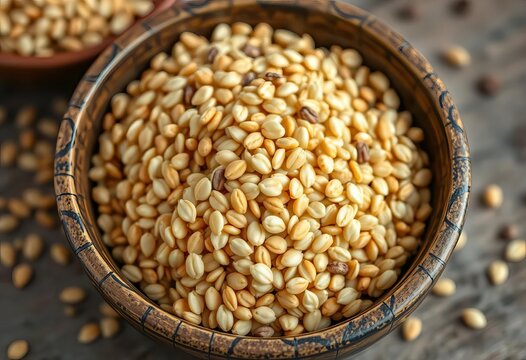 Close-up of raw buckwheat groats in a rustic bowl, buckwheat,  food