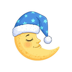 Cute Sleeping Crescent Moon with Blue Nightcap Cartoon Illustration