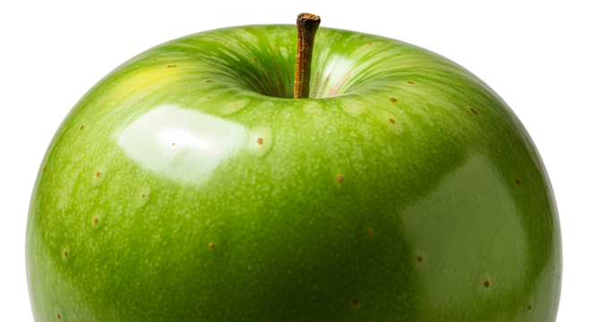 Fresh green apple with stem and water droplets on transparent  - Powered by Adobe