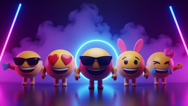 Five happy emojis with neon lights and glowing circle - Powered by Adobe