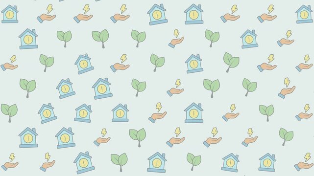 Charming Pattern of Houses and Trees on a Light Blue Background.