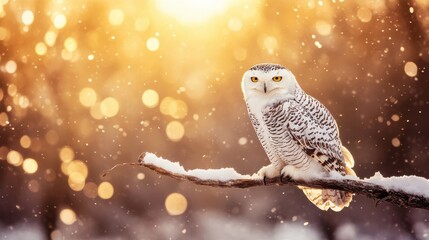 Snowy owl perched on a snow covered branch in winter