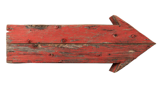 Weathered rustic wooden arrow sign painted distressed red texture vintage direction symbol for decoration navigation guidance concept creatively isolated cleanly on white background