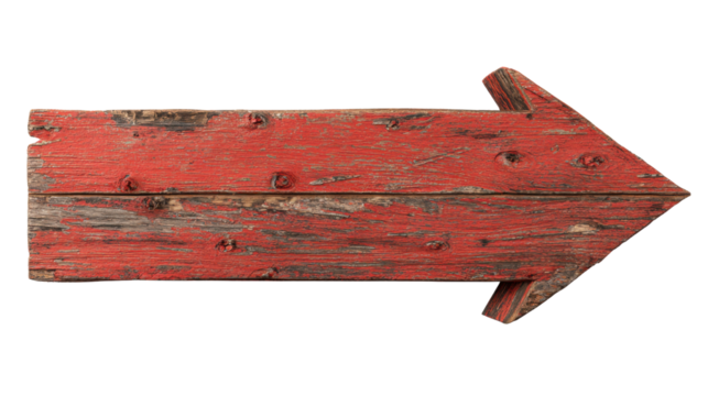 Weathered rustic wooden arrow sign painted distressed red texture vintage direction symbol for decoration navigation guidance concept creatively isolated cleanly on white background