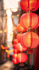 Red Chinese lanterns hanging in narrow alley at sunset