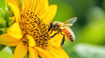 Bee pollinating a sunflower in bright sunlight outdoors
