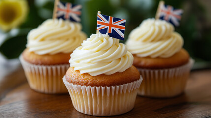 Vanilla cupcakes with British flags on wooden table