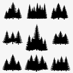 Grouped Pine Forest Silhouettes with Snowflakes: Winter Landscape