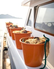 Orange buckets full of fishing nets on a white boat deck with landscape background