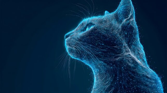 Digital Cat Hologram - Futuristic Feline in Blue Light.
