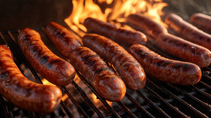 Grilled sausages cooking over open flame on barbecue