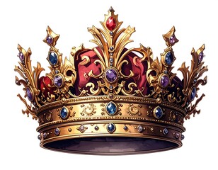 Ornate gold crown adorned with colorful jewels on a white backdrop