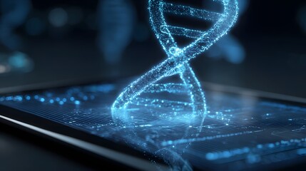 Digital DNA Helix Structure on Tablet Screen Representing Genetic Research and Technology.