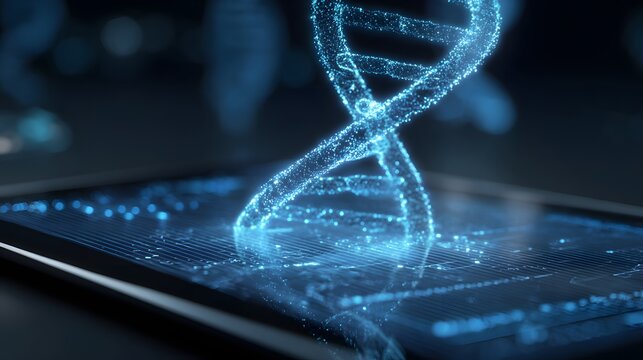 Digital DNA Helix Structure on Tablet Screen Representing Genetic Research and Technology.