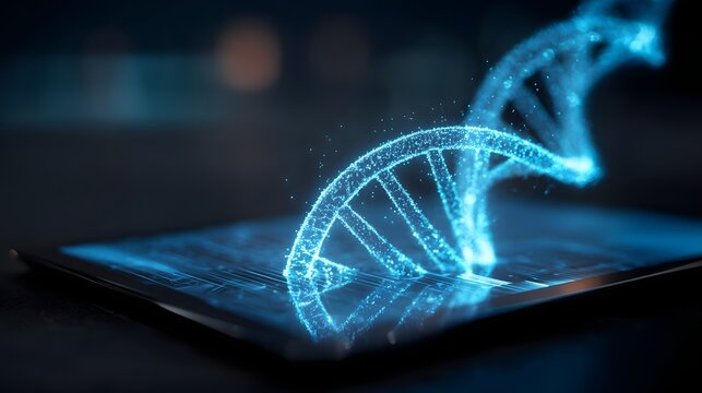 Digital DNA strand hologram emerging from a tablet screen, representing genetic engineering and biotechnology.