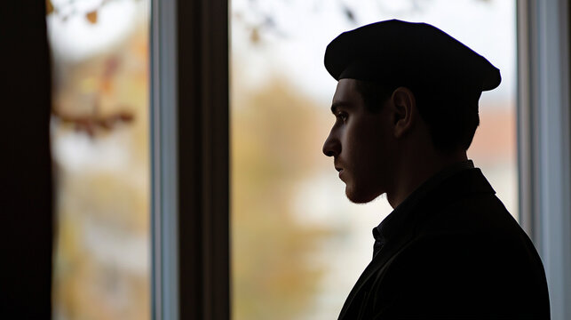 Man in beret standing by window with autumn view