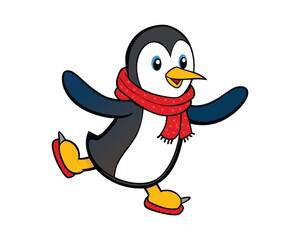 happy penguin ice skating with scarf  colorful cartoon illustration vector design