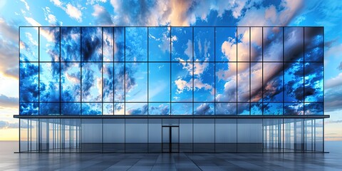 Stunning sky reflecting on modern glass building exterior during golden hour sunset