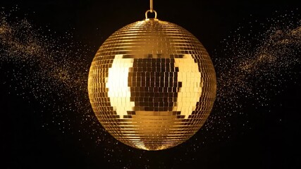 A gold disco ball suspended against a black backdrop with shimmering particles - Powered by Adobe