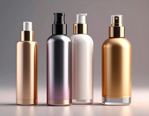 Four sleek, modern cosmetic bottles in varying colors