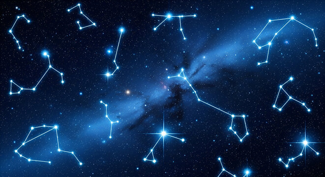 A celestial panorama of constellations and cosmic wonders against a starlit sky