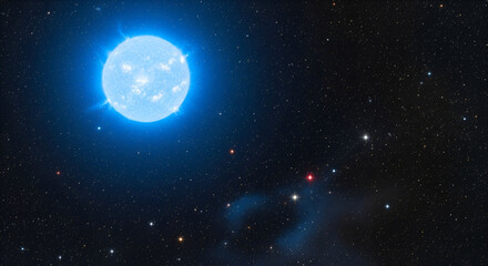Fototapeta premium Bright blue star against a backdrop of distant stars and cosmic gas