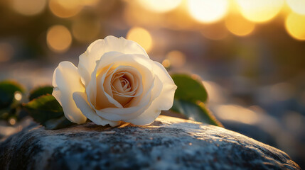 White rose on stone in warm golden sunset light