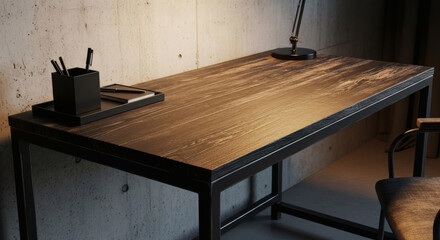 Modern industrial desk with dark wood top and metal frame against a concrete wall, featuring a lamp and office supplies.