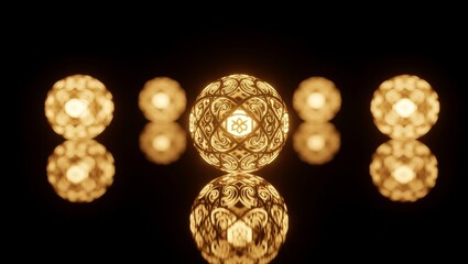 Glowing ornate spheres with intricate patterns and reflections