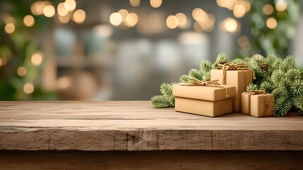 Rustic wooden table with brown gift boxes green pine branches and warm bokeh lights