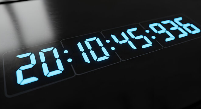 Close up on a blue digital clock displaying the time with seconds feature - Powered by Adobe