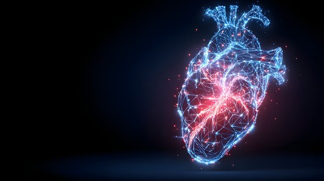 Digital Human Heart with Glowing Red and Blue Connections on Dark Background.