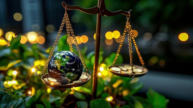Balance sustainability earth finance gold scale ecology savings illuminated environment justice, eco investment, globe coins, bokeh night garden hope