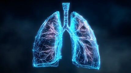 Digital representation of human lungs with glowing blue and purple veins on a dark background.