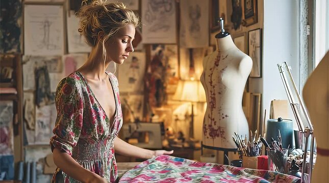Woman designing and sewing fabric on a mannequin in a studio