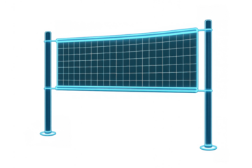 Cyber volleyball net illustrating virtual sport gameplay in a digital metaverse environment with neon grid effect