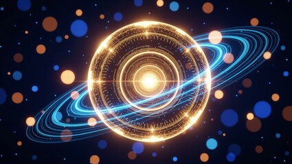 Glowing planet with luminous rings in cosmic background