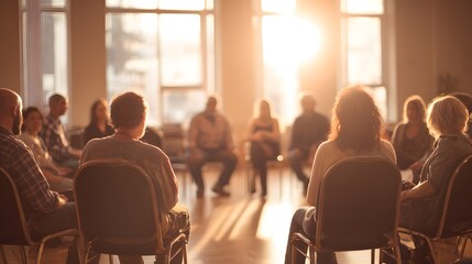 Obraz premium Diverse group of people sitting in a circle during a support group meeting or therapy session, bathed in warm sunlight.