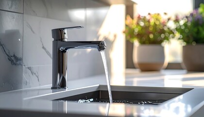 Modern faucet pouring water into a stainless steel sink in kitchen