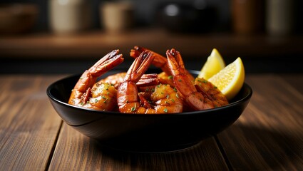 Cooked shrimp with lemon wedges in black bowl on wooden table