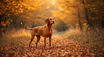 Golden dog stands proudly amidst fallen autumn leaves on a sun-dappled forest path