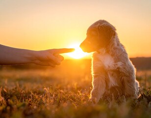 Puppy and human finger, silhouette against a brilliant sunset